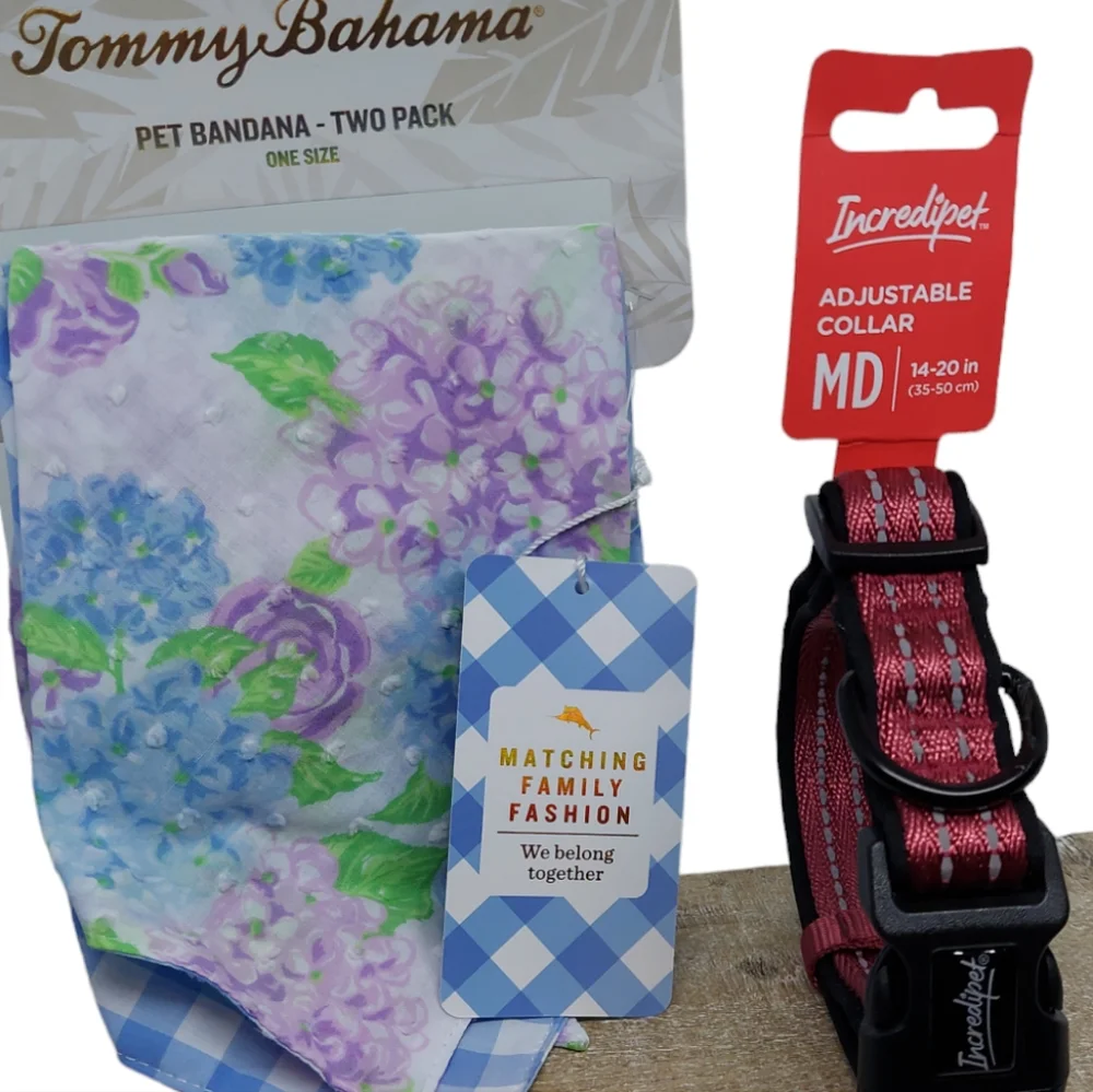 Tommy Bahama 2 Pack Pet Bandana/Incredipet MD Dog Collar NWT